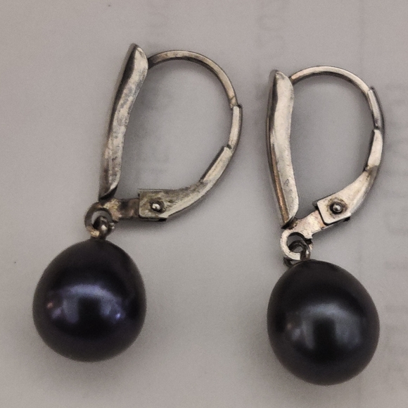 Genuine Black Pearls Dangling Silver 925 Earrings - Picture 11 of 12